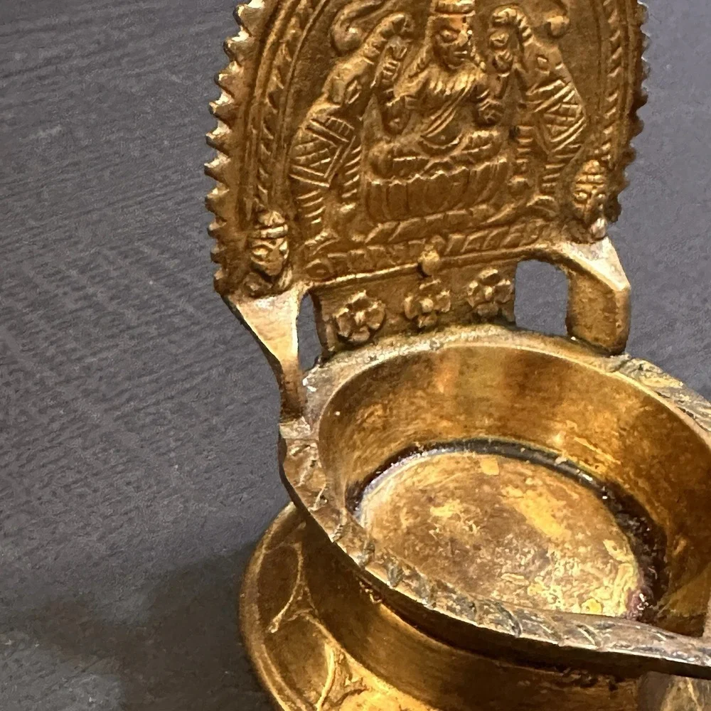 Vintage Brass Kamatchi Amman Vilakku, Gajalakshmi Oil Lamp, Diya, Petina, Marked